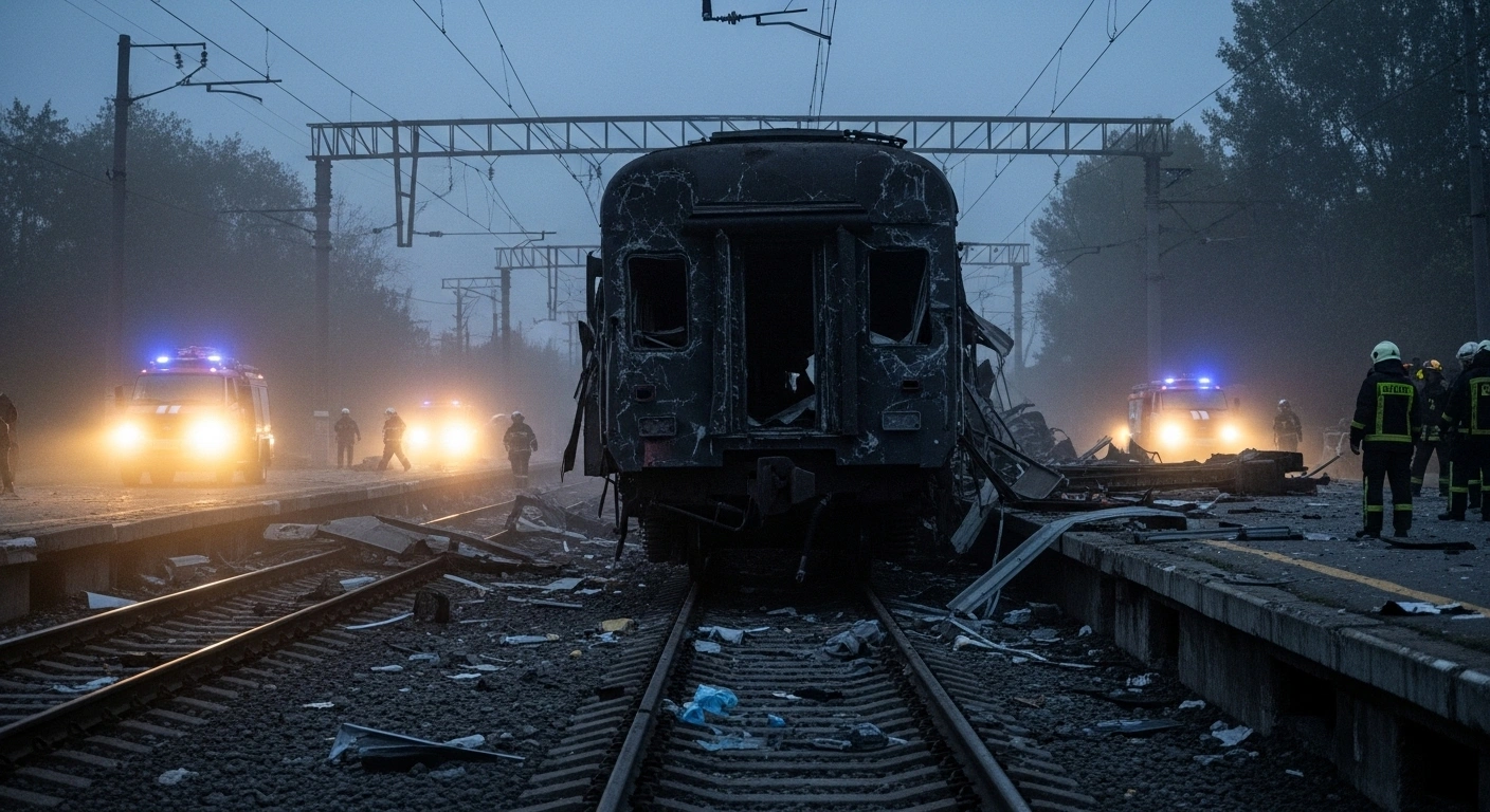 A wide, low-angle shot captures the devastating aftermath of a Russian drone strike on a railway station in Shostka, Sumy region, showing a mangled passenger train car, scattered debris, and emergency lights, reflecting the fatalities and injuries from the attack.