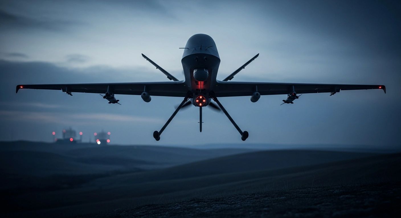 A military drone flies through Romanian airspace as NATO forces monitor the unauthorized border violation.