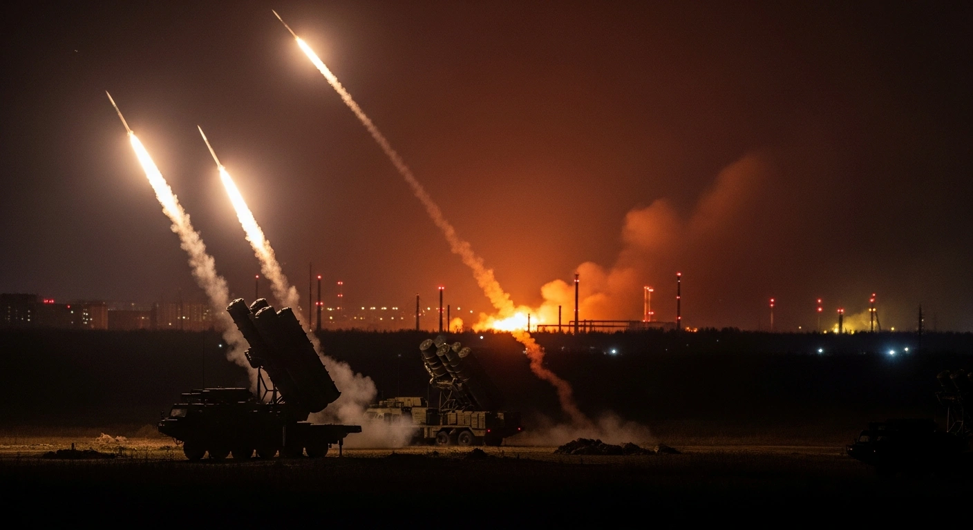 A wide, low-angle night shot shows a Russian air defense system launching missiles into the sky, with distant infrastructure sites burning in the background, depicting the interception of Ukrainian drones and resulting fires.