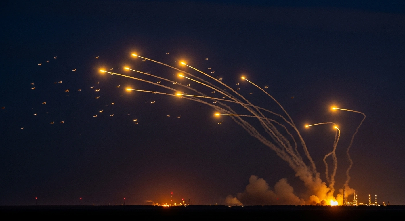 A dramatic night scene depicts multiple anti-aircraft missiles streaking upwards to intercept numerous drones over an industrial landscape, with a distant oil refinery glowing orange from a fire, illustrating the reported interception of Ukrainian attack drones and the hit on the Saratov Oil Refinery.
