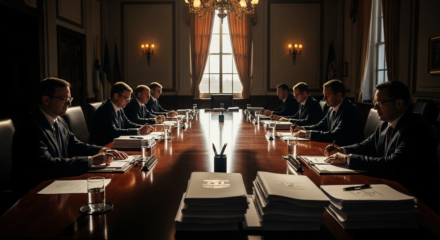 A wide, cinematic view of a dimly lit, grand conference room with a massive, polished mahogany table, featuring stacks of official documents, symbolizing the Russian government's discussion of critical economic priorities, including increased Presidential scholarships, agricultural preferential lending, and low-interest loans for Free Economic Zone residents in Crimea and new regions.