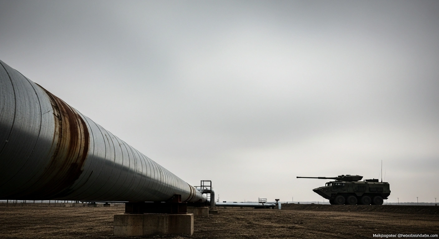 A desolate industrial landscape under an overcast sky features a rusting oil pipeline in the foreground and a large military vehicle silhouetted against the horizon, symbolizing the Russian Federation's economic stagnation in 2026, driven by declining oil and gas revenues and sustained high military expenditure.