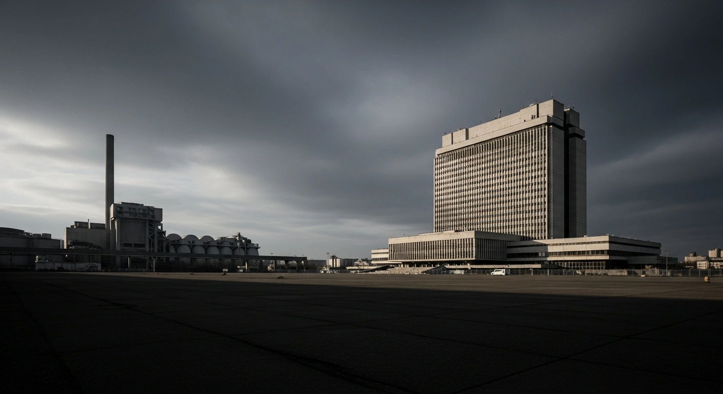 A wide, low-angle shot captures a colossal, brutalist building in a desolate industrial landscape under an overcast sky, casting long shadows, visually representing the Russian economy's decelerating growth and the Central Bank's warning of a potential recession by 2025.