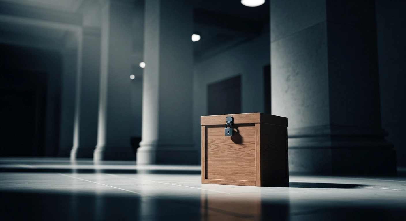 An empty ballot box sits in a dark, imposing government hallway, representing the disqualification of opposition candidates from Russian elections.