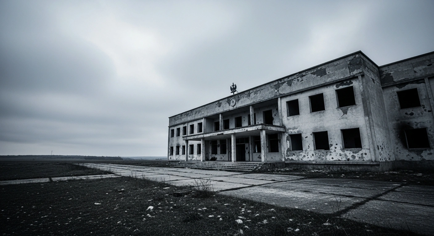 A desolate administrative building stands in a contested region of Luhansk and Kherson as Russian authorities prepare for political integration.
