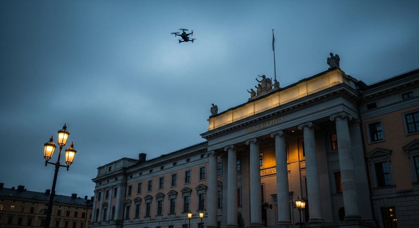 A small drone flies over the roof of the Russian embassy in Stockholm during a security investigation.