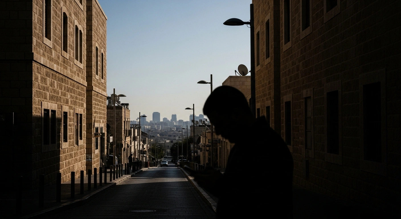 A person checks their smartphone on a quiet street in Tel Aviv as the Russian Embassy advises citizens to exercise caution due to regional conflict.