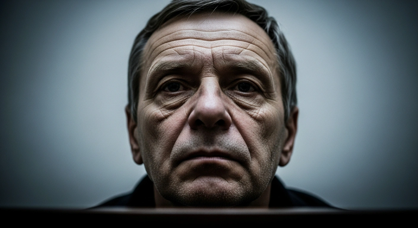 A gaunt Russian engineer, illuminated by harsh overhead light, stands in a stark, institutional setting, representing his 13-year sentence in a maximum-security penal colony for treason and espionage for Sweden's intelligence service.