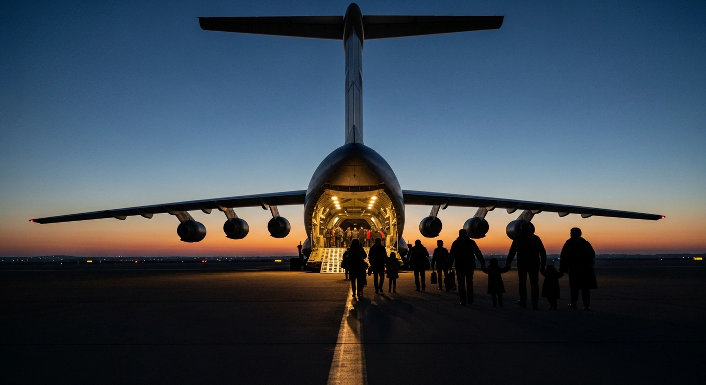 A large Russian transport aircraft sits on a dimly lit airport tarmac before dawn, as silhouetted figures, representing officials and their families, rapidly board, illustrating the reported Russian evacuation flights from Israel on January 8, 2026, amidst heightened regional tensions.