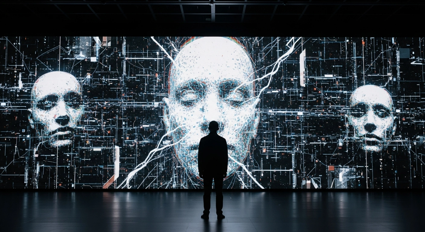 A lone, silhouetted figure stands before a vast digital screen displaying fractured data streams, symbolizing the in absentia sentencing of exiled journalist Yekaterina Kotrikadze and businessman Yevgeny Chichvarkin by Russian courts for 'war fakes' and 'foreign agent' law violations related to social media posts critical of actions in Ukraine.