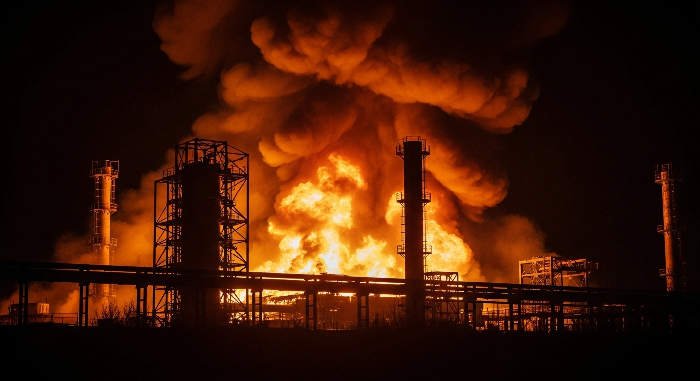 A low-angle, wide shot shows the Yefremov Synthetic Rubber Plant in Russia's Tula Oblast engulfed in a large fire at night, following a Ukrainian drone attack.
