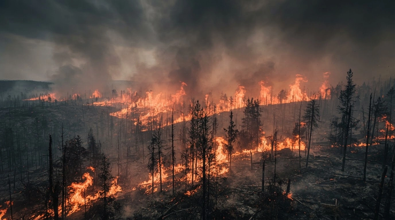 Massive wildfires burn through millions of acres of forest in the Russian Federation, specifically impacting the Krasnoyarsk Territory and Sakha Republic.