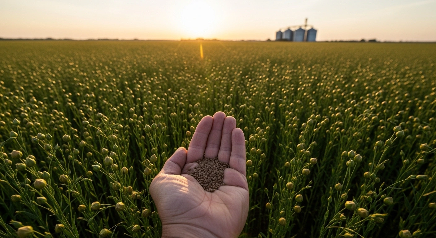 A wide shot of a vast oil flax field at golden hour, with a weathered hand holding flax seeds in the foreground and distant industrial silos silhouetted against the horizon, symbolizing Russian agricultural producers and government export policies.