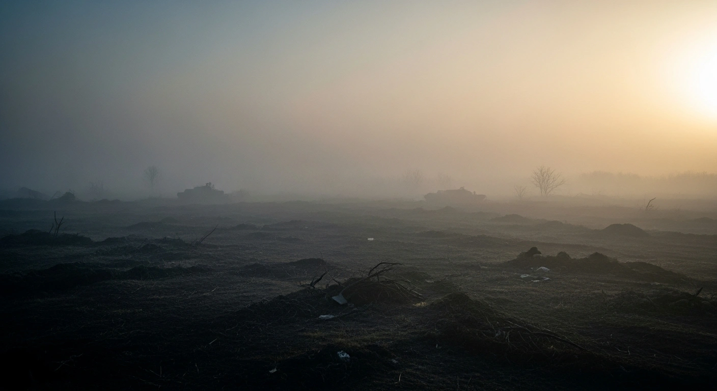 A desolate, smoke-filled battlefield landscape represents the heavy casualties sustained by Russian forces during the ongoing conflict in Ukraine.