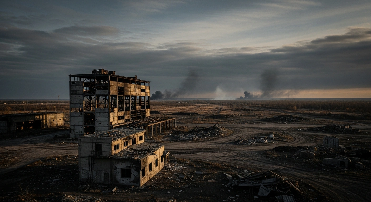 A desolate, war-torn landscape in the Donetsk region shows the aftermath of military operations following the Russian capture of the town of Khimik.