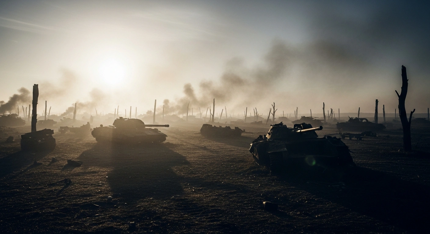 A desolate battlefield landscape shows the aftermath of conflict with scattered debris and smoke, representing the high personnel and equipment losses sustained by Russian forces in Ukraine.