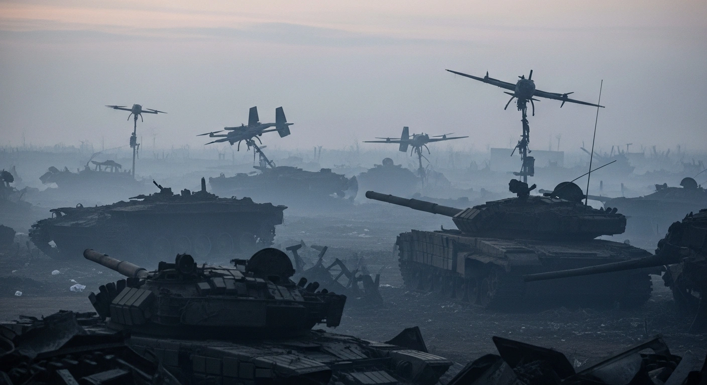 A wide-angle view of a desolate, smoke-filled battlefield at pre-dawn shows numerous destroyed Russian tanks, armored vehicles, and drones scattered across the landscape, symbolizing the substantial losses sustained by Russian forces.