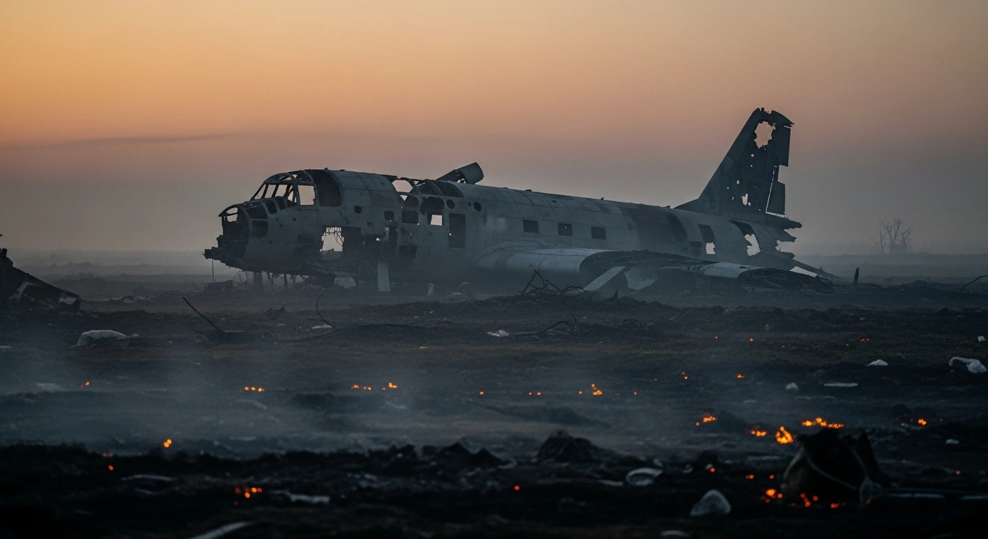 A wide, low-angle shot of a desolate, smoke-hazed battlefield at dawn, featuring the skeletal remains of a downed aircraft and scattered debris, symbolizing the substantial losses sustained by Russian forces, including one aircraft and an estimated 830 personnel, as reported by Ukraine's General Staff.