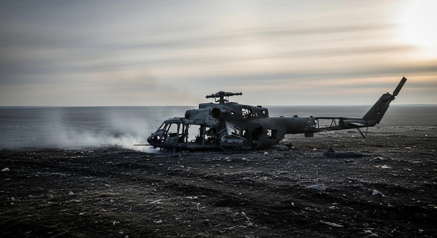 A desolate, war-torn landscape at dawn, featuring the twisted wreckage of a downed military helicopter and churned ground, symbolizing the substantial losses sustained by Russian forces, including military personnel and equipment.