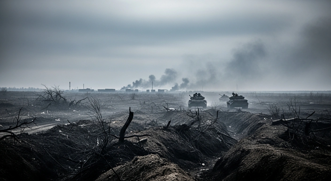 Russian military forces advance through a war-torn landscape near the Kostiantynivka frontline in eastern Ukraine.