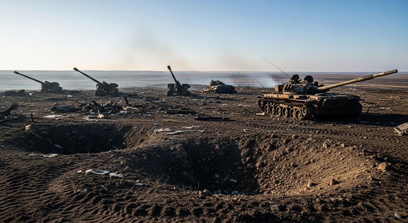A wide, desolate, war-torn landscape at pre-dawn shows the twisted, skeletal remains of a destroyed tank and multiple artillery systems, visually representing the significant losses sustained by Russian forces, including personnel, aircraft, and armored fighting vehicles, as reported by the General Staff of the Armed Forces of Ukraine on November 27.