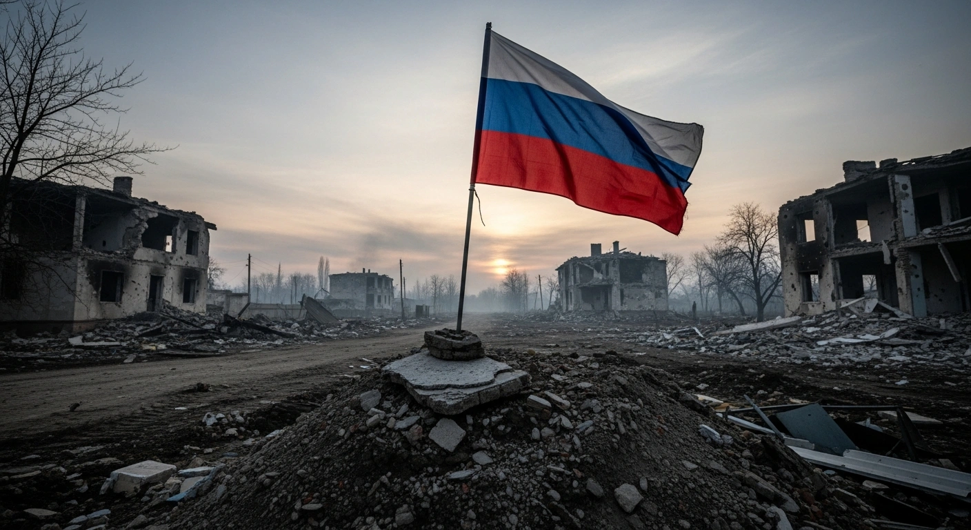 A wide, low-angle photograph depicts a desolate, war-torn Ukrainian settlement at dawn, with a Russian flag prominently planted on a rubble pile, symbolizing the reported capture of Novoboikovskoye in Ukraine's Zaporizhzhia region by Russian forces amidst extensive military operations.