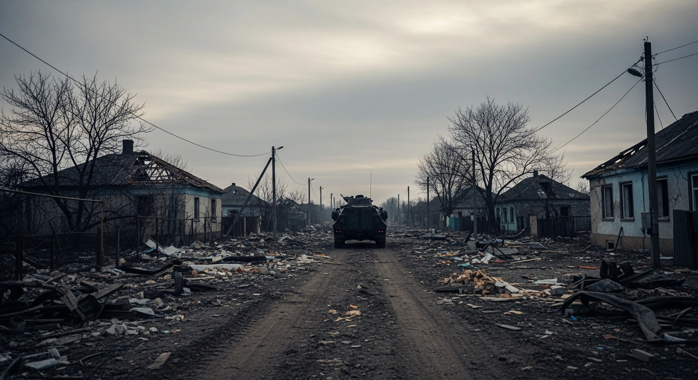 A desolate, war-torn street in the Ukrainian settlement of Podoly, Kharkiv region, is depicted under an overcast sky, showing the aftermath of Russian forces taking control following offensive operations near Kupiansk.