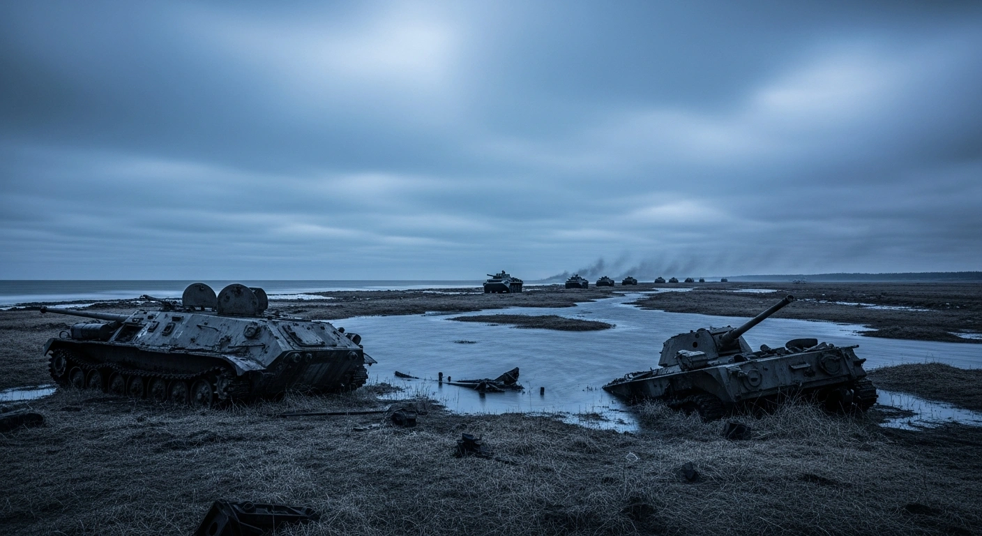 Russian military vehicles retreat from the strategic Kinburn Spit in southern Ukraine amidst a backdrop of marshland and coastal waters.
