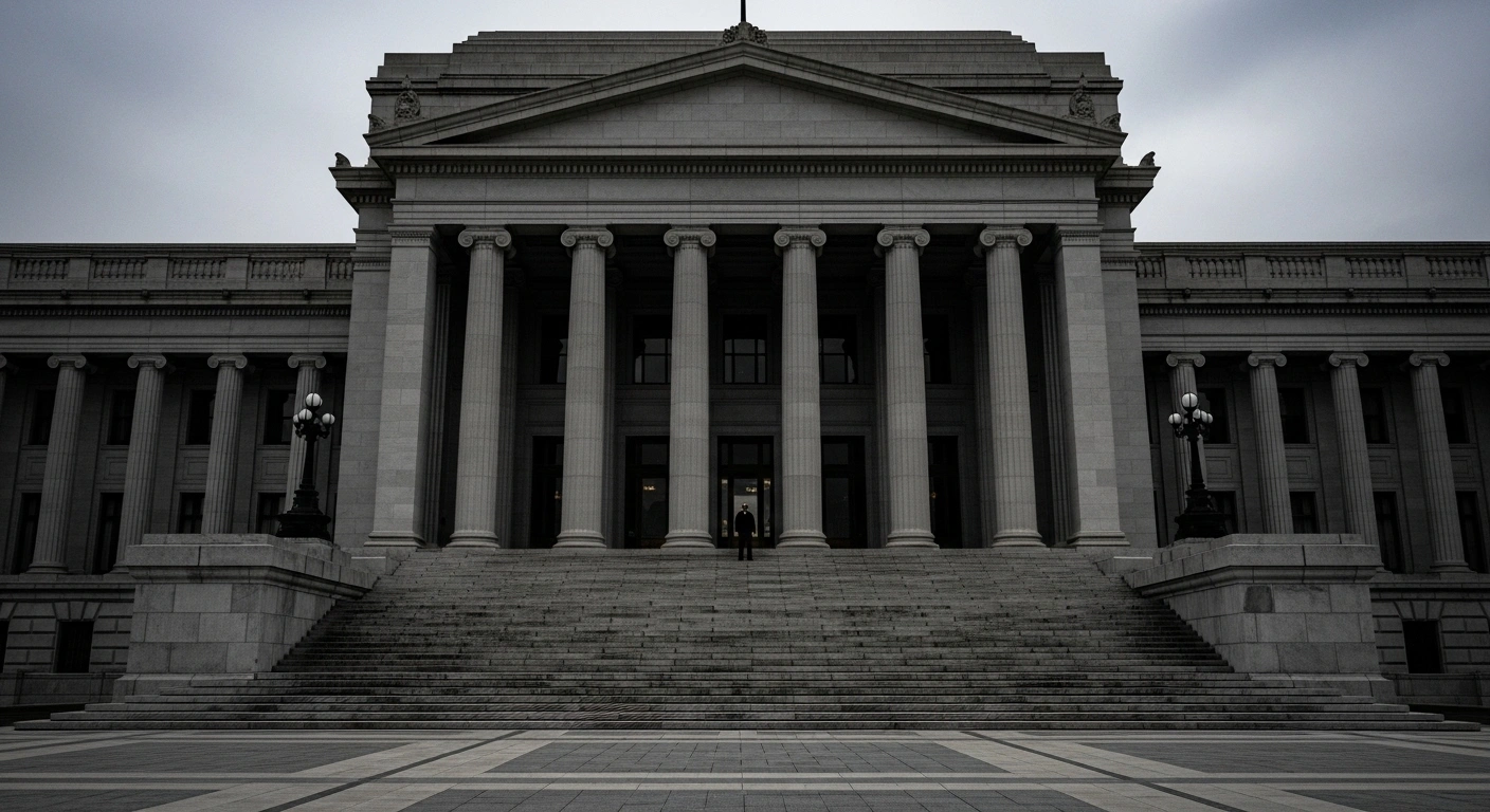 An imposing, classical legislative building with a silhouetted figure standing at the top of a grand staircase, representing Russian lawmakers toughening legislation against 'foreign agents' with criminal charges.