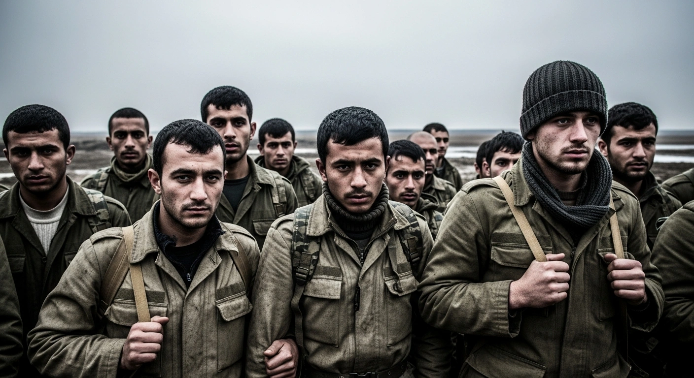 A diverse group of foreign mercenaries, recruited by Russia from various countries with promises of financial incentives and citizenship, stands in a desolate, muddy warzone, appearing weary and ill-equipped for the high-casualty frontline assaults in Ukraine.