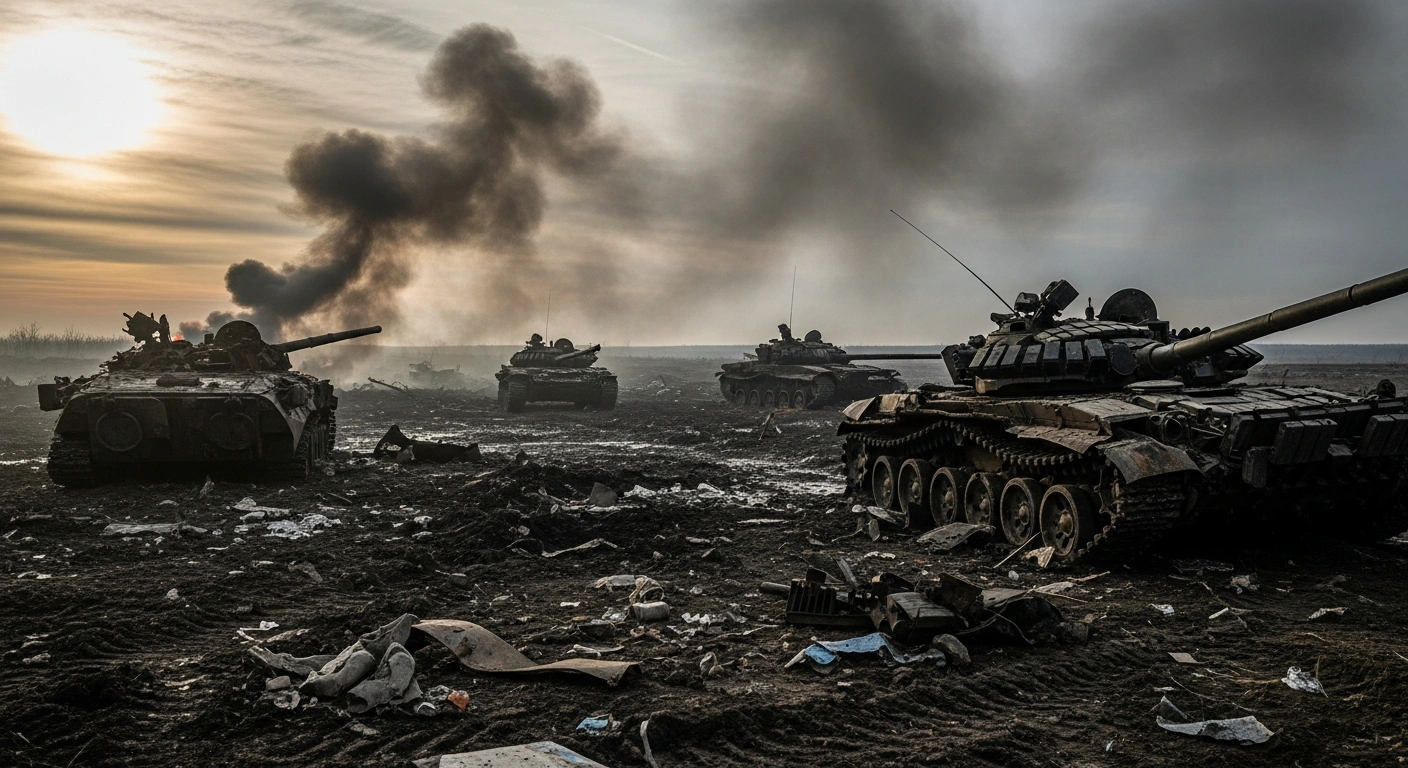 A wide-angle view at dawn shows a desolate, smoke-filled battlefield with multiple destroyed Russian military vehicles, including tanks and armored personnel carriers, reflecting the heavy losses of 1,170 soldiers and 74 units of equipment on the front lines.