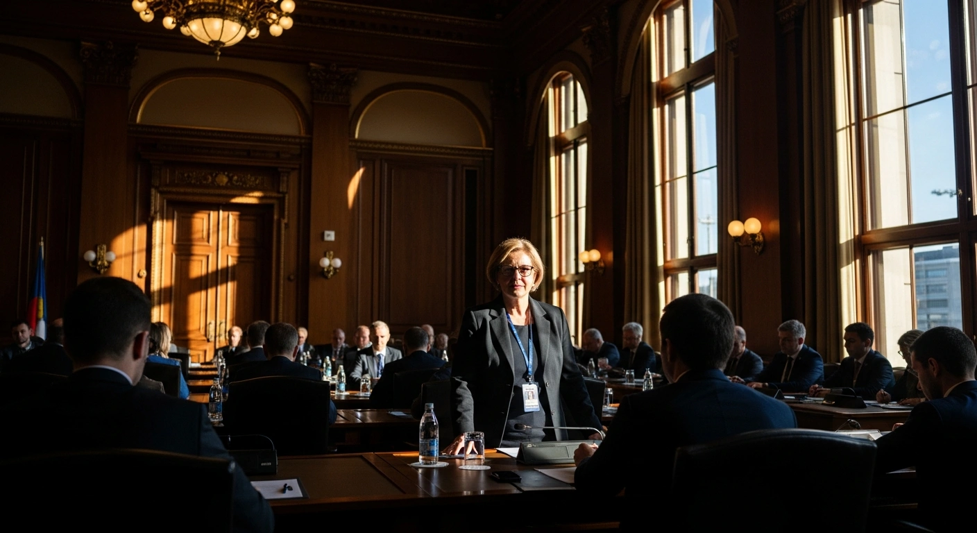 A distinguished female delegate, representing a Russian delegation led by Sherpa Svetlana Lukash, is prominently featured in a grand conference room during a G20 Sherpa meeting in Washington under the new US presidency, signaling diplomatic engagement.
