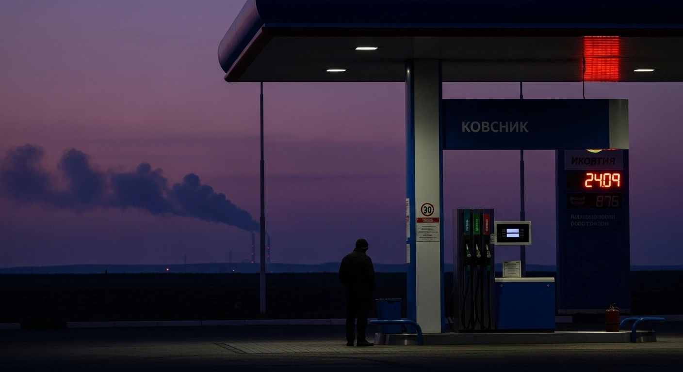 A lone Russian driver stands at a gas pump displaying high prices at dusk, with a distant plume of smoke rising from an oil refinery, symbolizing increased gasoline costs due to drone attacks.