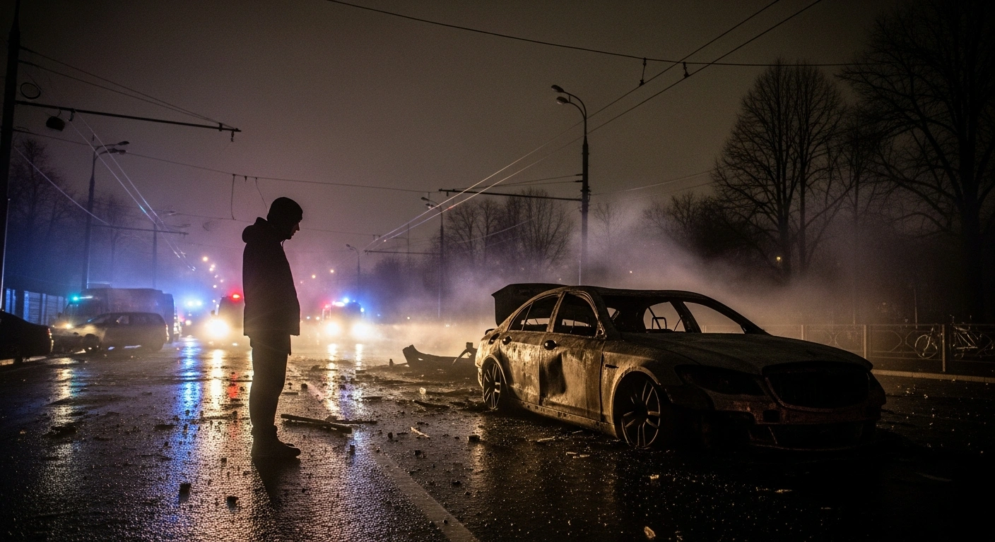 A wide, low-angle shot shows the charred remains of a luxury vehicle on a rain-slicked Moscow street at night, illuminated by flickering emergency lights, with a silhouetted investigator examining the scene of a car bombing that killed a senior Russian officer.