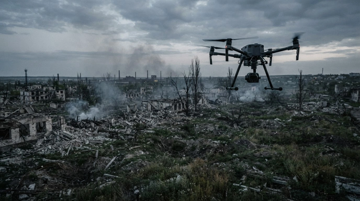 A Ukrainian surveillance drone flies over a destroyed landscape in the occupied Donetsk region following a military operation that resulted in the death of Russian Major General Anton Grunis.