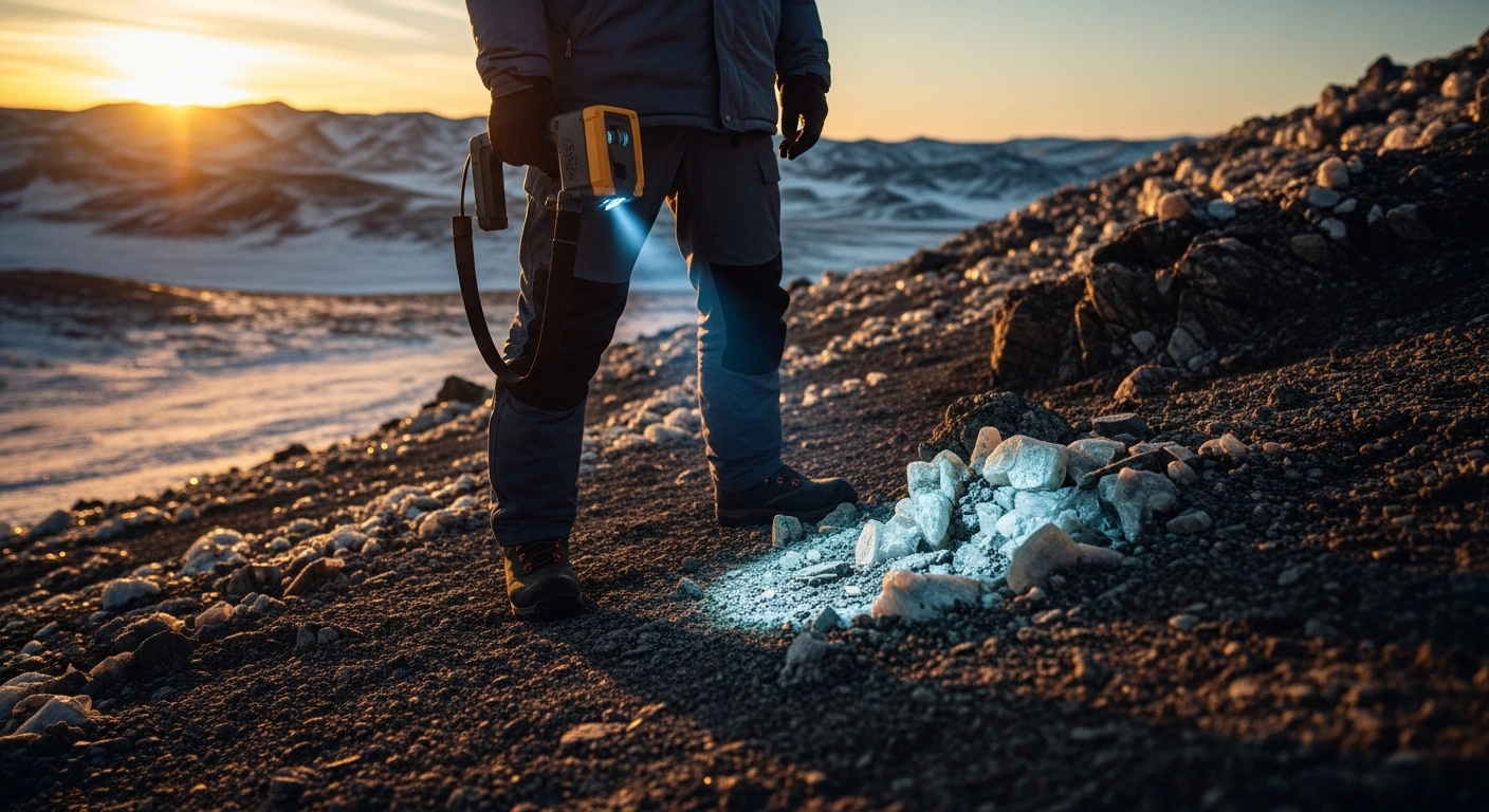 A geologist uses modern technology to survey mineral resources in a vast Russian landscape to support the nation's economic sovereignty.