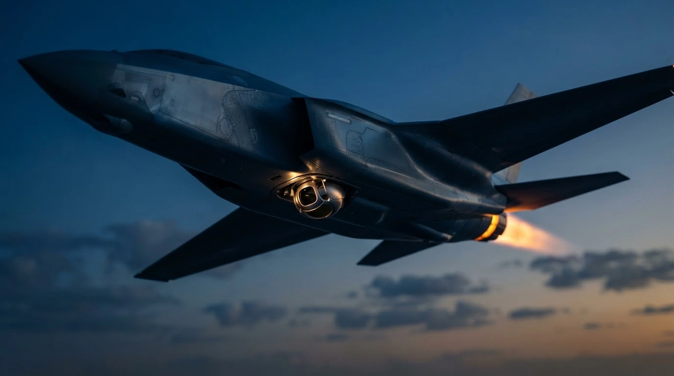 A modern jet-powered Geran drone equipped with an advanced optical navigation system flies through the sky during a military operation.