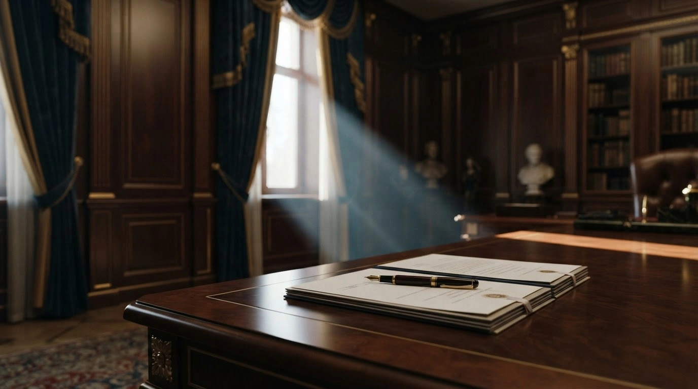 A close-up view of a desk in the Kremlin where official government documents are being signed to appoint new Russian cabinet ministers.