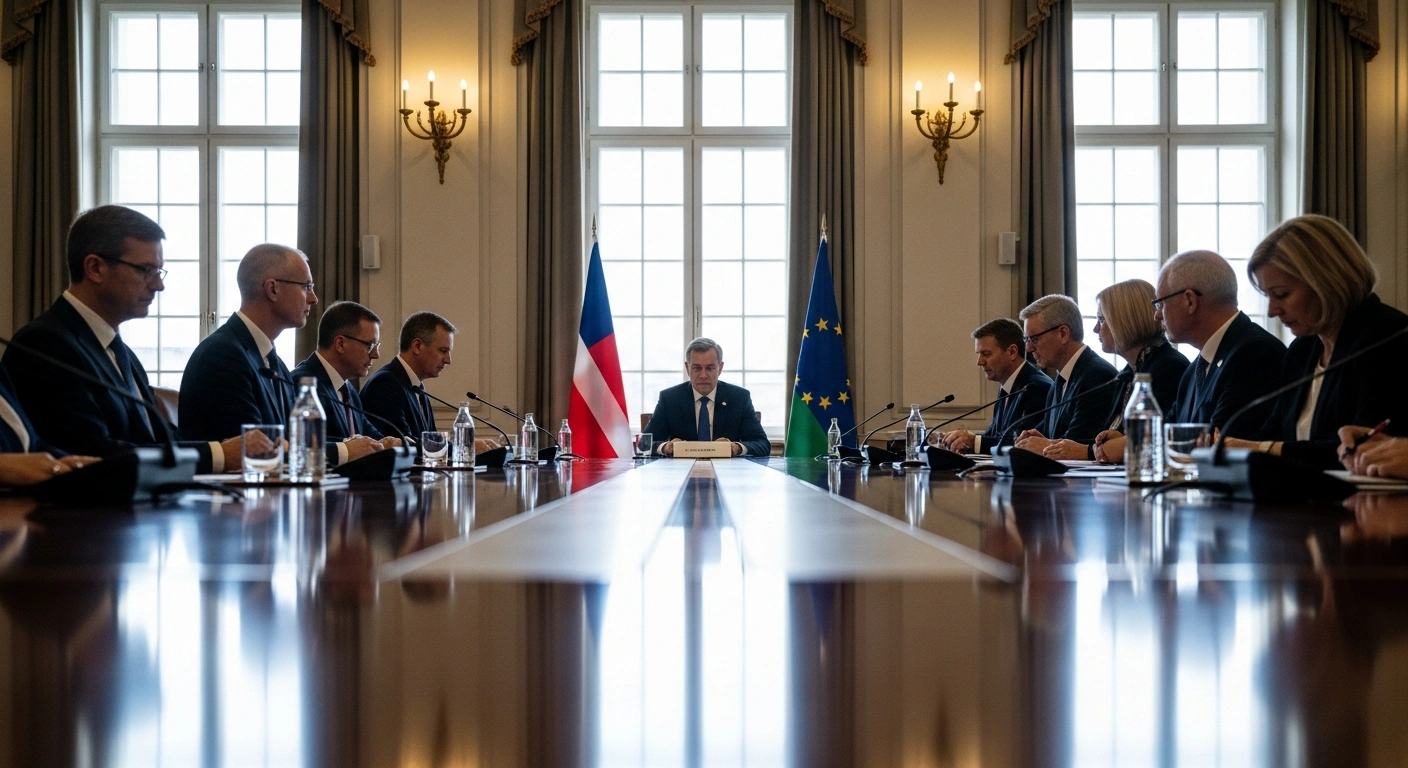 A low-angle, wide shot captures Russian Prime Minister Mikhail Mishustin leading a formal government meeting in a grand room, where officials are discussing key social and economic initiatives, including benefits for large families, agricultural leasing programs, and housing construction insurance.