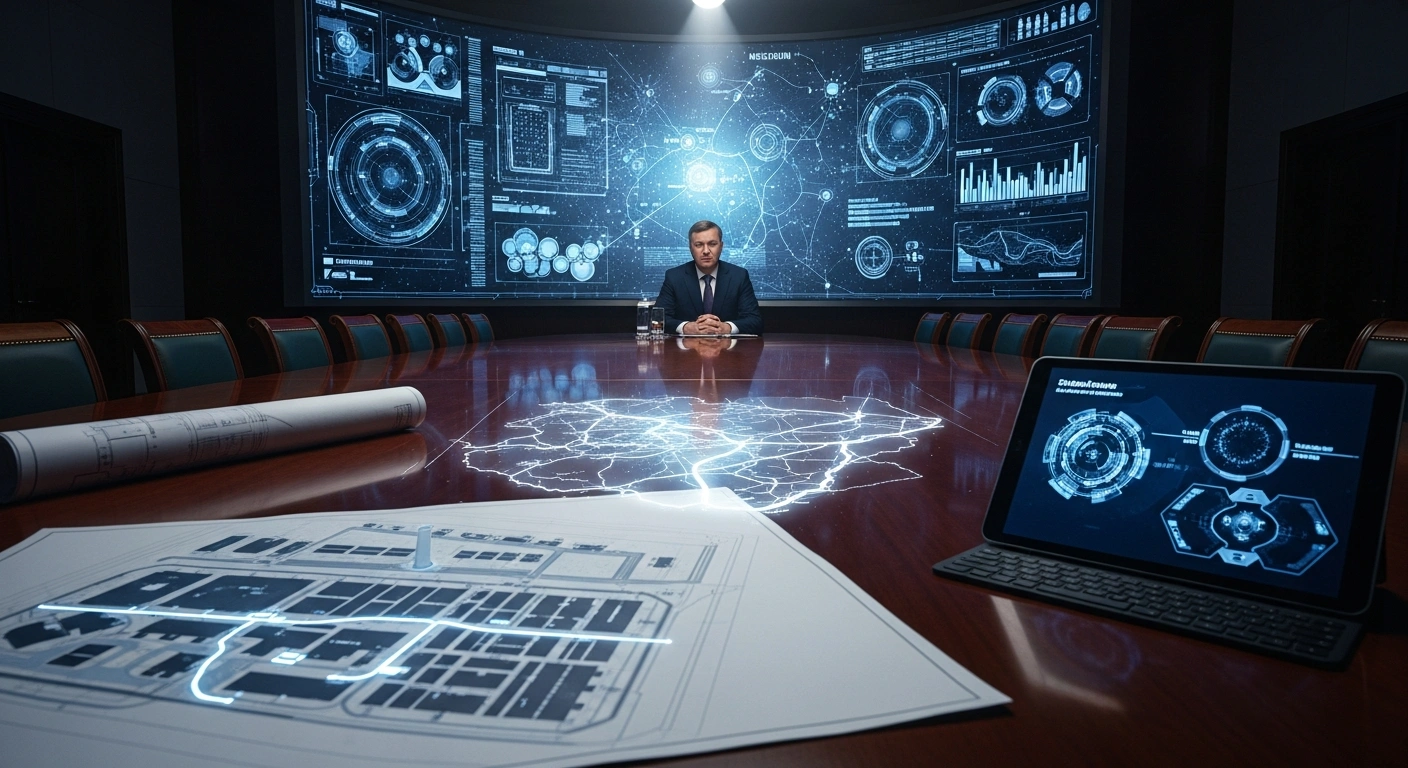 Prime Minister Mikhail Mishustin presides over a Russian government meeting on January 15, 2026, in a dimly lit conference room, discussing national priorities including manufacturing development, combating cyber fraud, and accelerating road construction, with visual aids like blueprints, digital maps, and cybersecurity displays on the table.