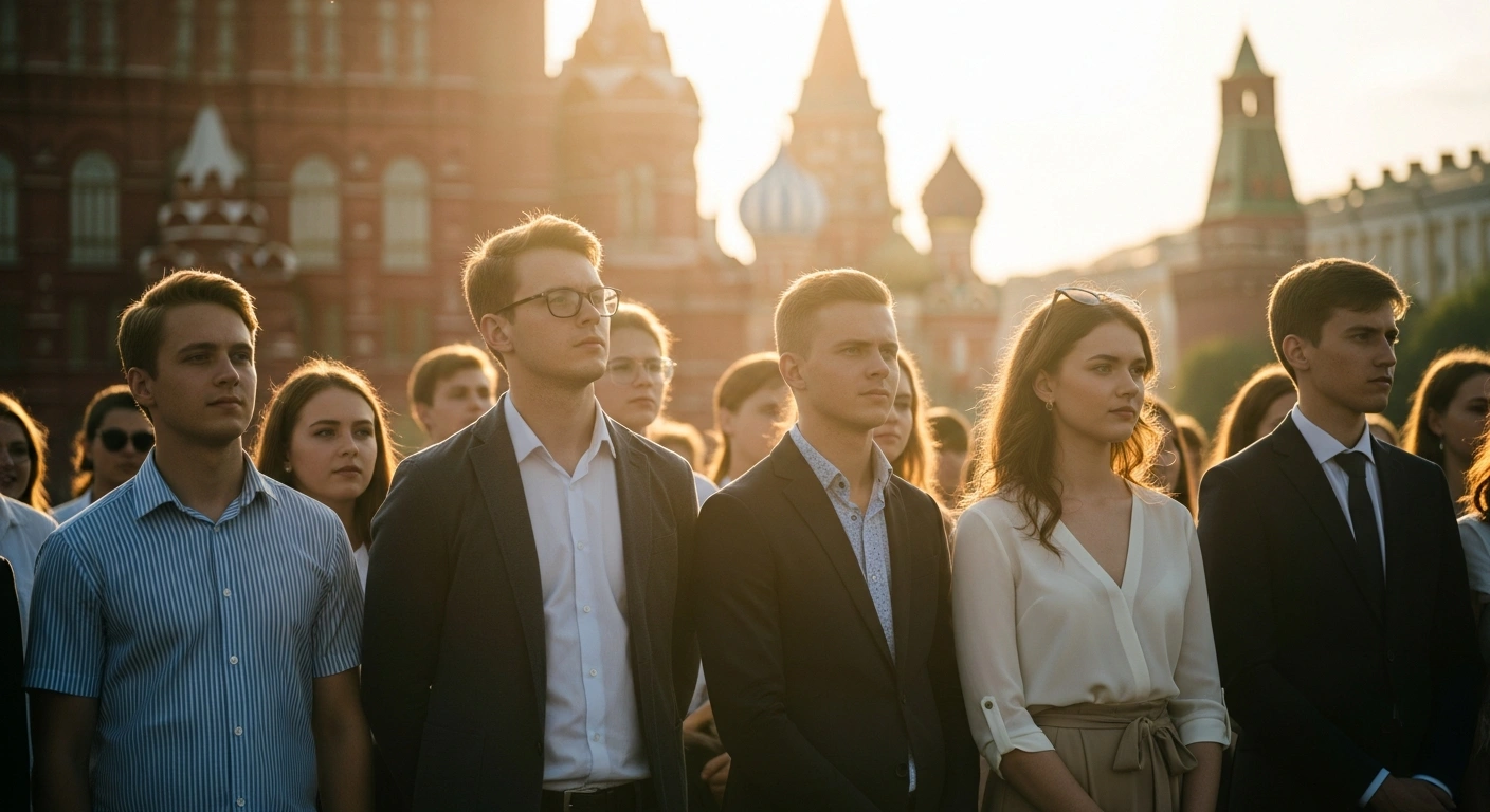 A group of Russian high school graduates stands in a historic square as they prepare for their future in the Russian Federation.