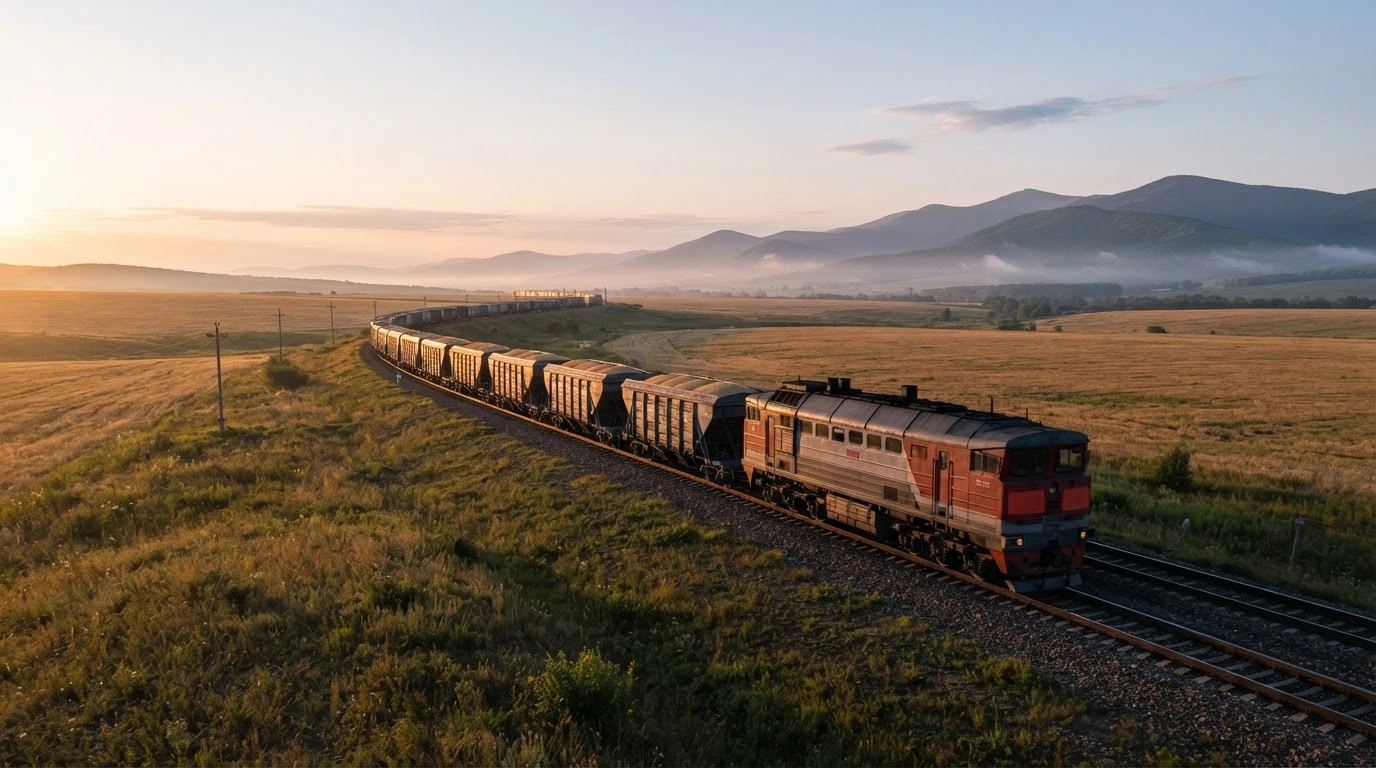 A long freight train carrying grain containers travels through a rural landscape toward a port to support Russian export logistics.