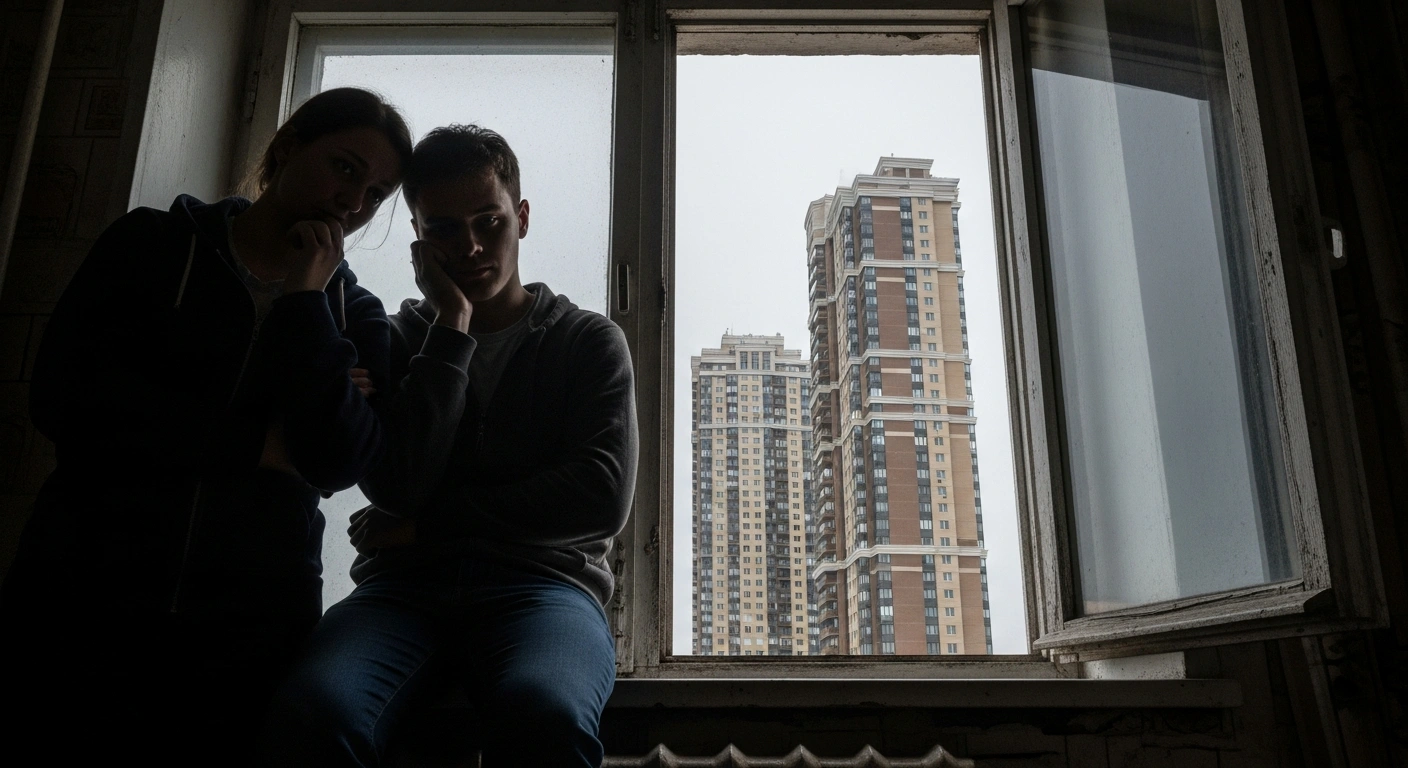 A young Russian couple, looking weary and frustrated, gazes from their dimly lit, cramped apartment window towards a brightly lit, modern high-rise building in the distance, symbolizing the severe affordability crisis faced by Russian homebuyers due to surging property prices and nearly 30% mortgage rates.