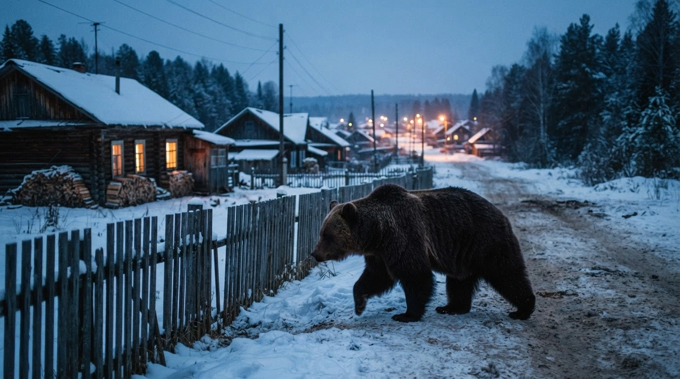 A large brown bear walks near the edge of a residential village in Siberia during a cold winter evening.