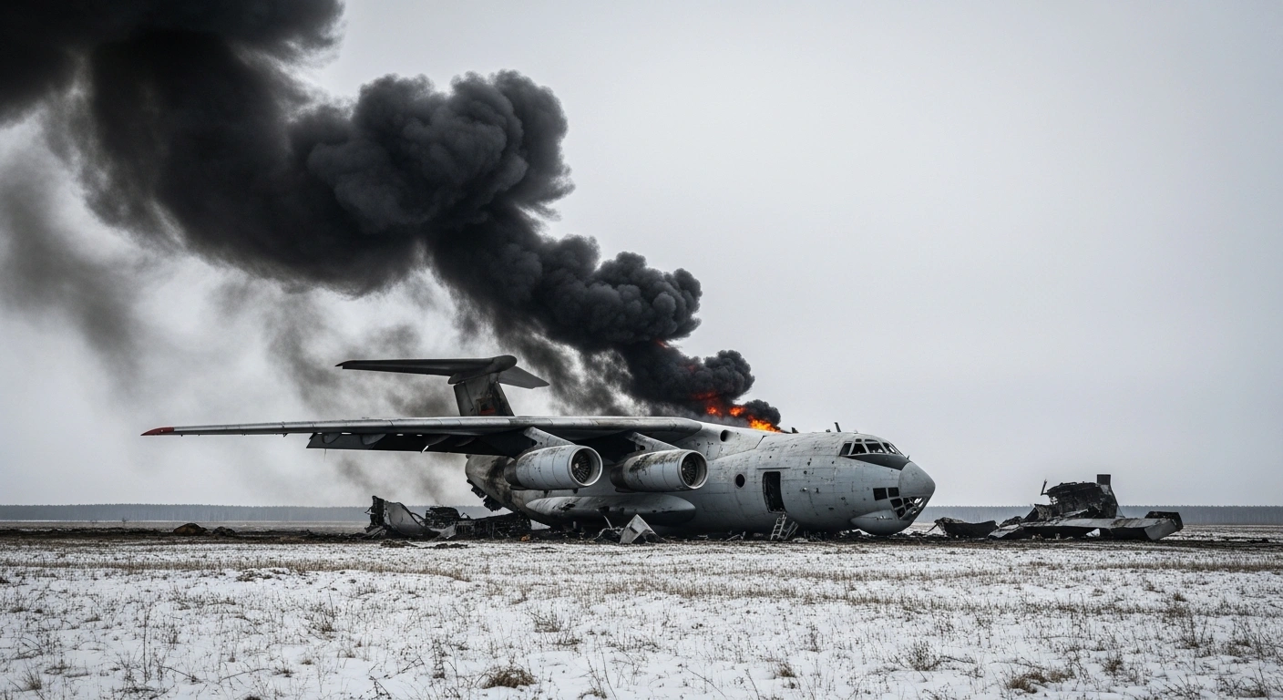 The wreckage of a Russian Il-76 military transport aircraft lies in a field in the Ivanovo region after a fatal crash caused by an engine fire.