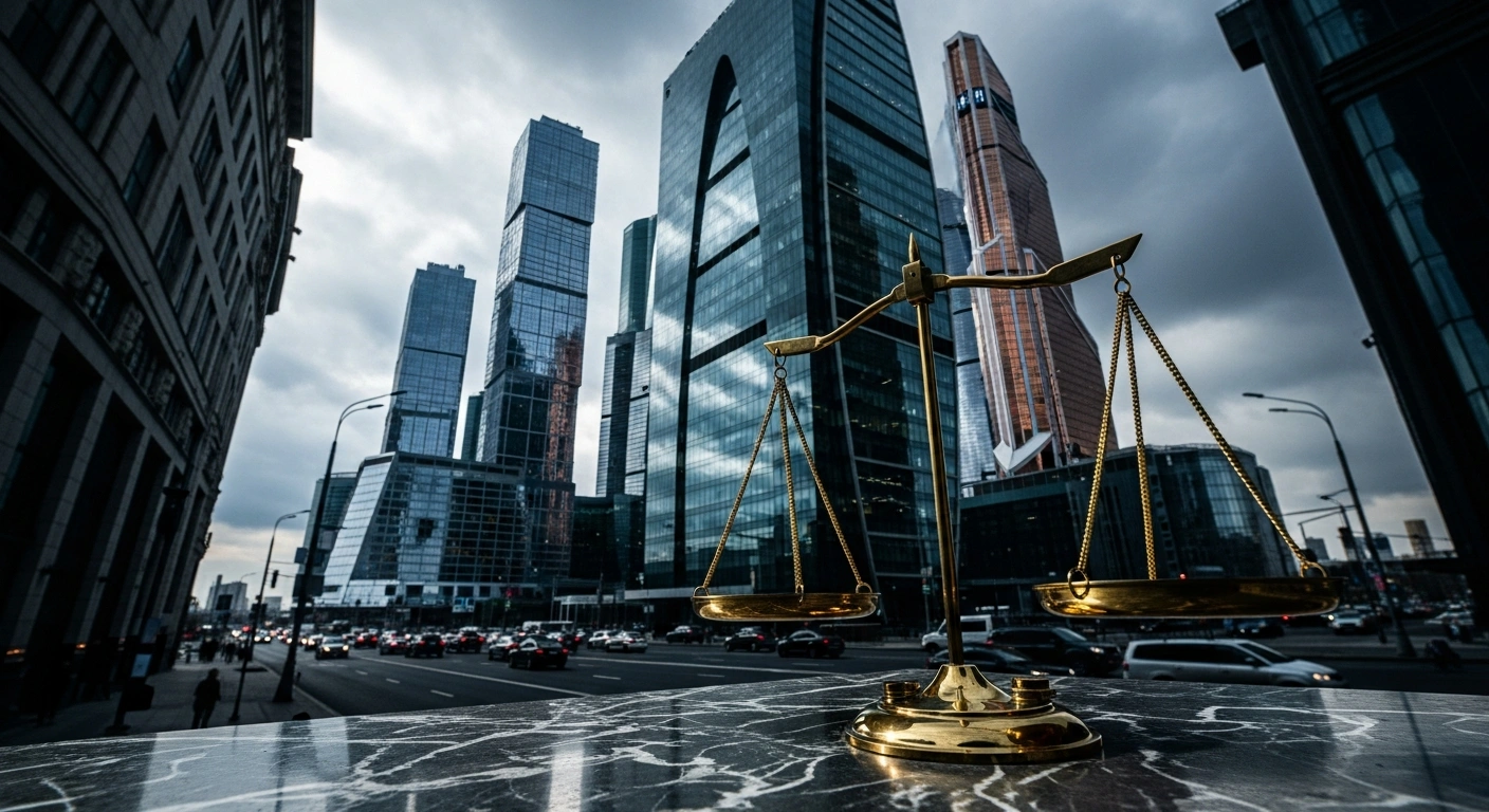 A symbolic representation of Russian economic inflation featuring a tipped scale against the backdrop of a modern Moscow cityscape.