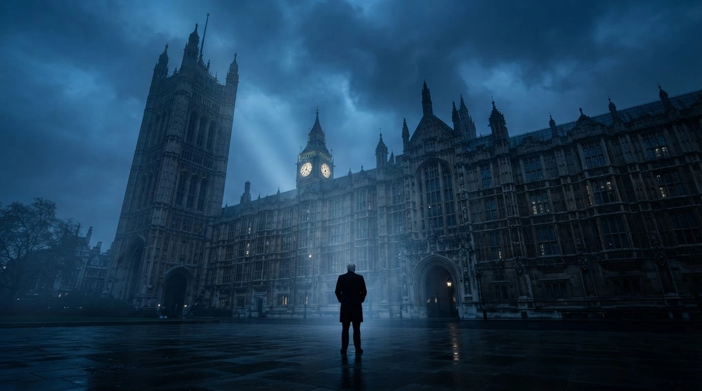 A silhouette of a political figure stands before the Palace of Westminster, representing the investigation into Russian interference in the 2016 Brexit referendum.