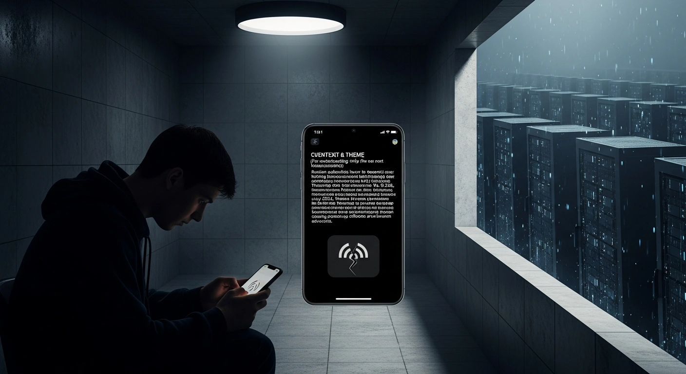 A silhouetted figure holds a smartphone displaying a fractured signal icon in a dimly lit room, symbolizing Russian authorities' escalating control over internet communications, including blocking WhatsApp and throttling Telegram to enforce a sovereign internet.