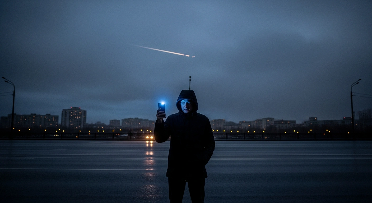 A lone figure stands on a rain-slicked street in a Russian city at twilight, holding a smartphone with a frustrated, flickering glow, while a faint streak of light in the distant sky hints at the Ukrainian drone attacks causing mobile internet shutdowns across 57 Russian regions.