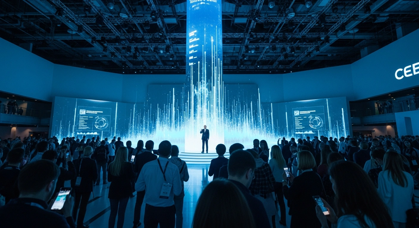Russian Prime Minister Mikhail Mishustin is depicted on a modern stage in a Moscow convention hall, bathed in futuristic blue light with dynamic digital projections, addressing an engaged audience, symbolizing the significant growth of Russia's IT industry and its contribution to the GDP.